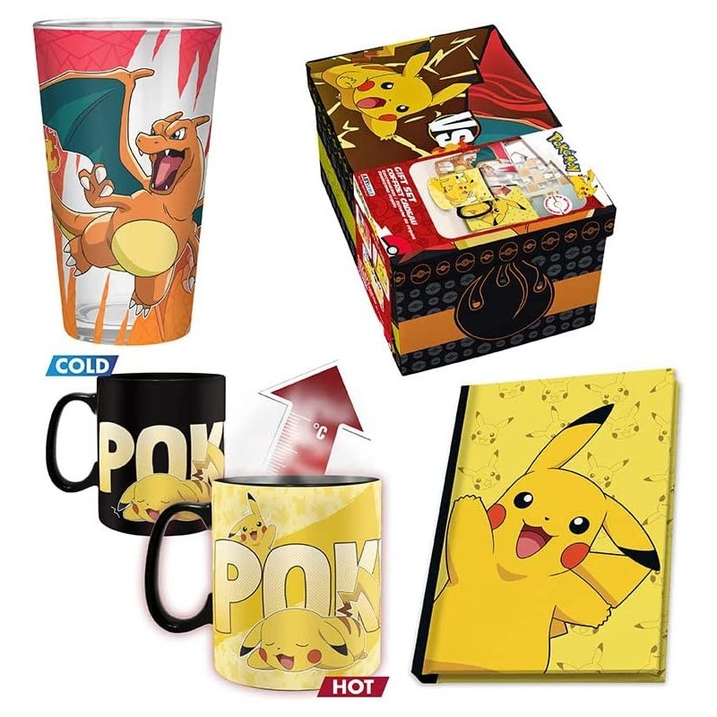 Caja Regalo Pokémon Charizard Vs Pikachu Taza Térmica Cerámica 460 mls + Cuaderno Pikachu + Vaso Cristal 400 mls