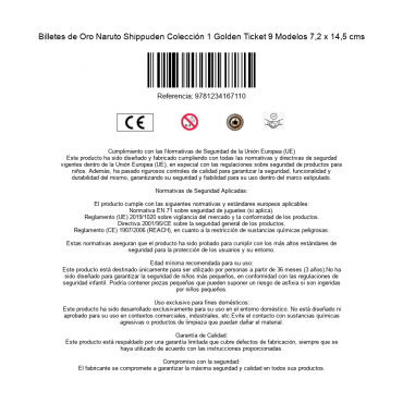 Billetes de Oro Naruto Shippuden Colección 1 Golden Ticket 9 Modelos 7,2 x 14,5 cms