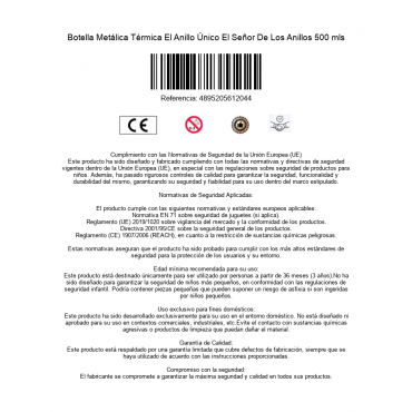 Botella Metálica Térmica El Anillo Único El Señor De Los Anillos 500 mls