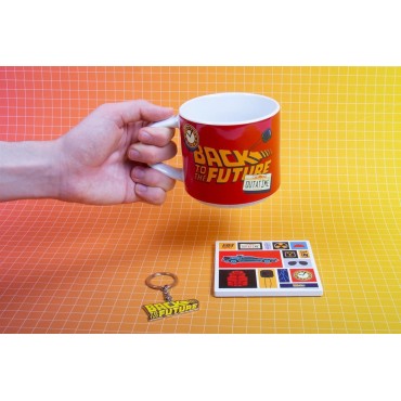 Set de Regalo Taza + Posavasos + Llavero Metálico Regreso al Futuro Back to the Future Cerámica 420 mls