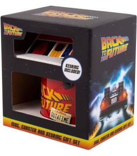 Set de Regalo Taza + Posavasos + Llavero Metálico Regreso al Futuro Back to the Future Cerámica 420 mls