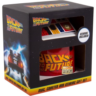 Set de Regalo Taza + Posavasos + Llavero Metálico Regreso al Futuro Back to the Future Cerámica 420 mls